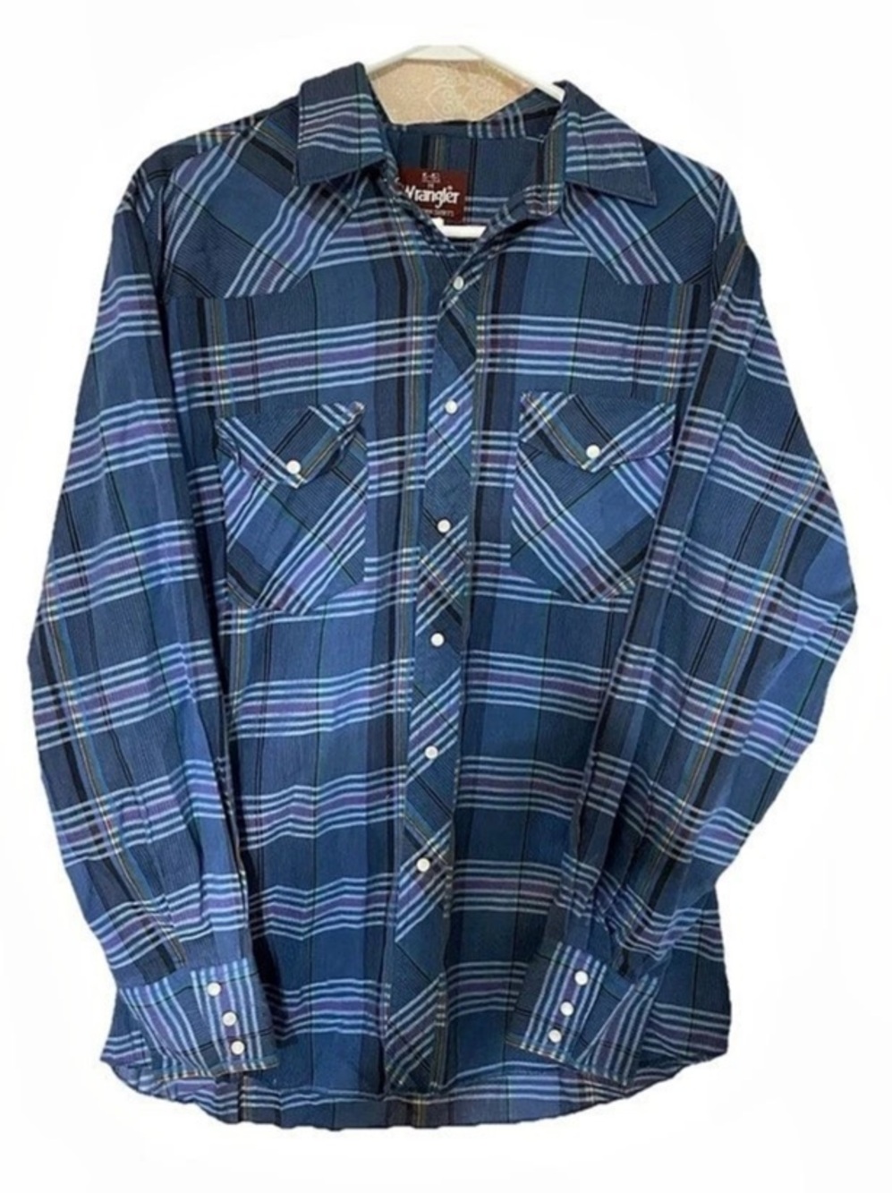 Vintage Wrangler Mens Pearl Snap Shirt Western Size M Plaid Blue Long Sleeve